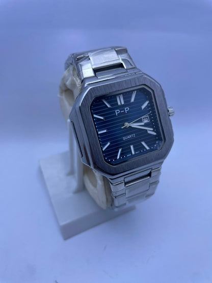 P&P Men's Quartz Analog Watch –Silver Stainless Steel Strap & Date Display