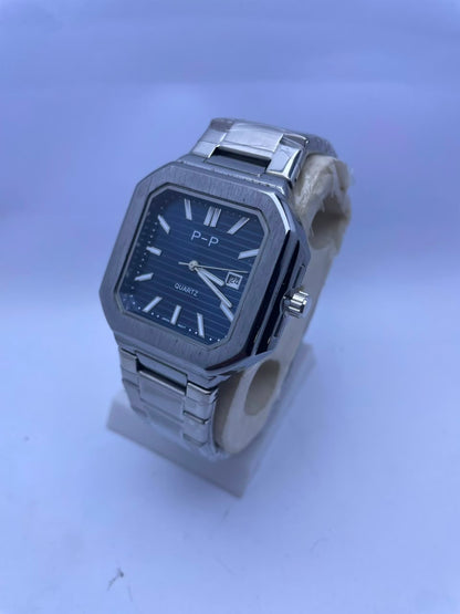 P&P Men's Quartz Analog Watch –Silver Stainless Steel Strap & Date Display
