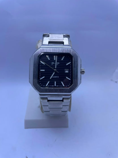 P&P Men's Quartz Analog Watch –Silver Stainless Steel Strap & Date Display