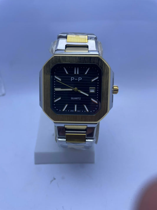 P-P Premium Two-Tone Stainless Steel Quartz Watch – Black Dial | Men's Luxury Analog Wrist Watch