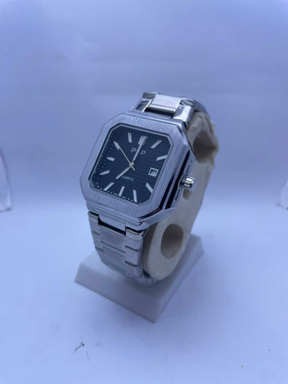P&P Men's Quartz Analog Watch –Silver Stainless Steel Strap & Date Display