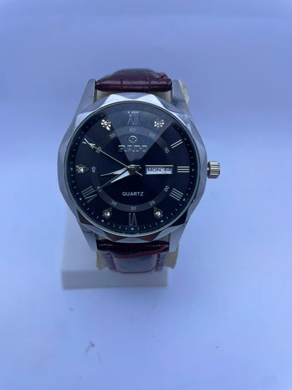 RADO Men's Quartz Analog Watch – Black Dial, Black Leather Strap with Day & Date Display