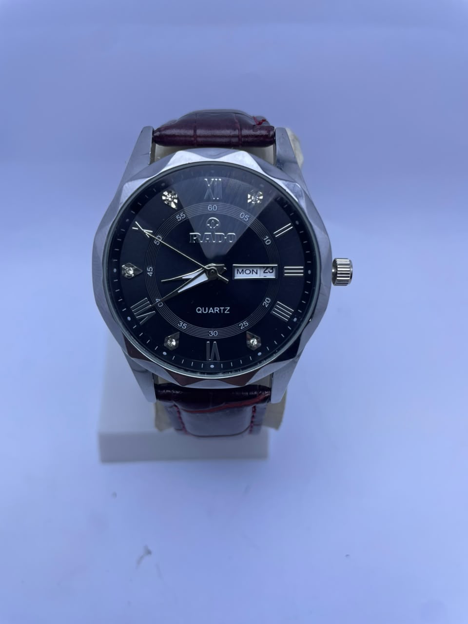 RADO Men's Quartz Analog Watch – Black Dial, Black Leather Strap with Day & Date Display