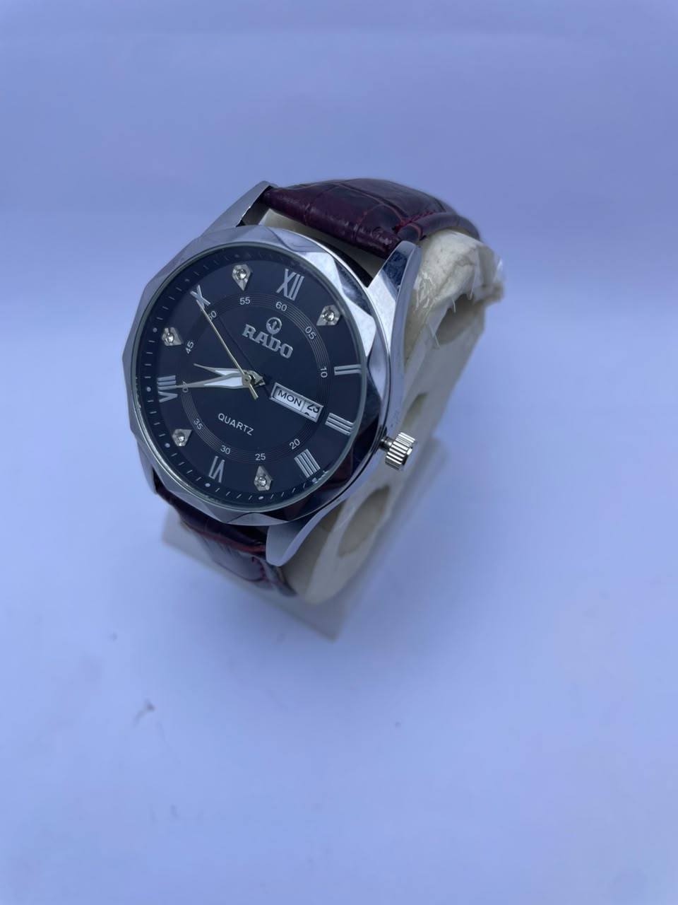RADO Men's Quartz Analog Watch – Black Dial, Black Leather Strap with Day & Date Display