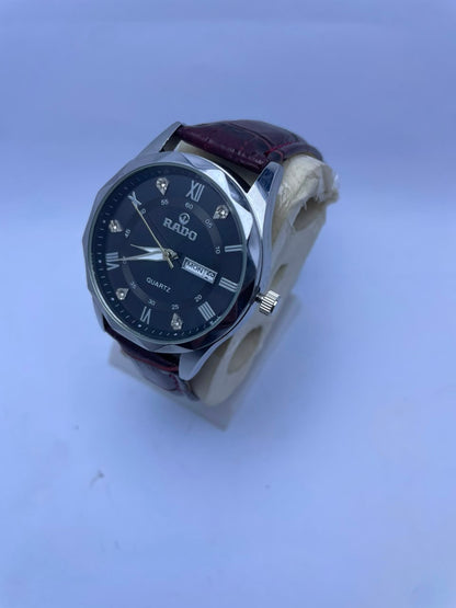 RADO Men's Quartz Analog Watch – Black Dial, Black Leather Strap with Day & Date Display