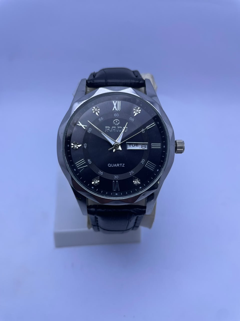 RADO Men's Quartz Analog Watch – Black Dial, Black Leather Strap with Day & Date Display
