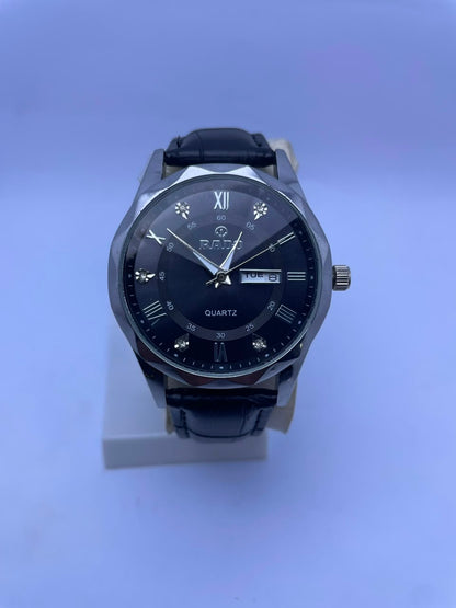RADO Men's Quartz Analog Watch – Black Dial, Black Leather Strap with Day & Date Display