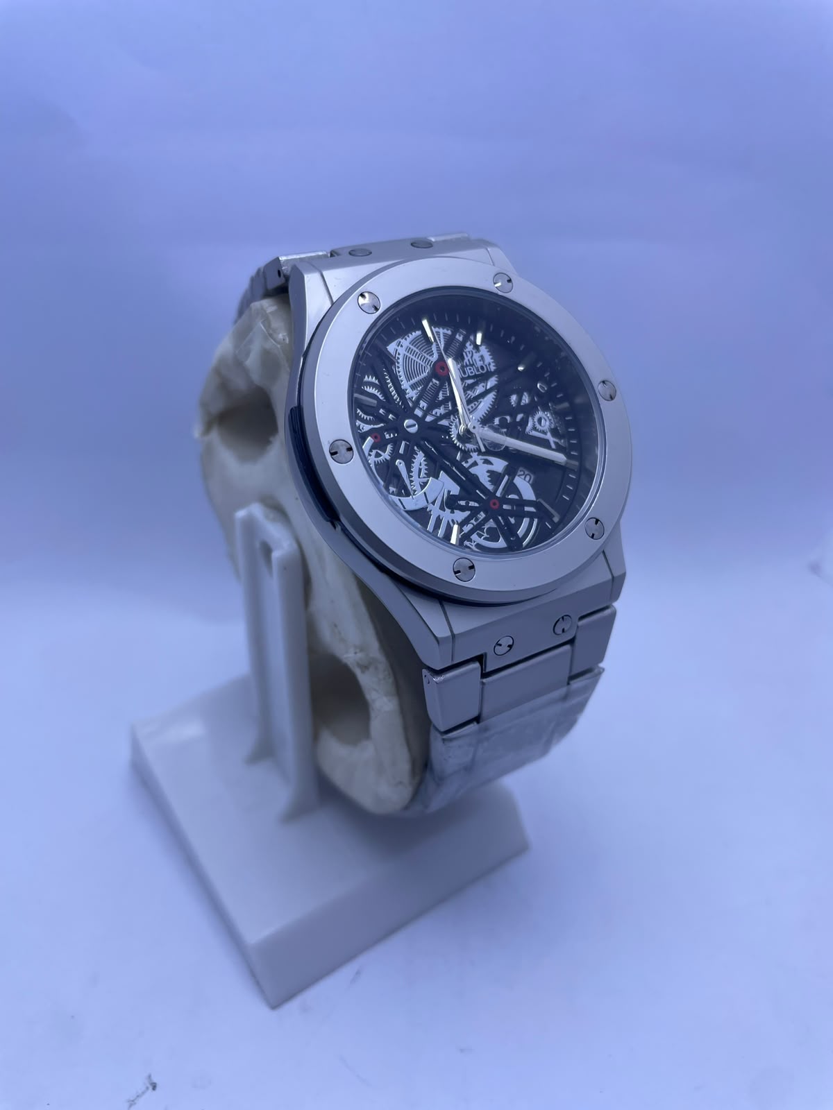 Hublot Style Automatic Skeleton Men's Watch – Silver Stainless Steel Strap | Luxury Self-Winding Mechanical Wrist Watch
