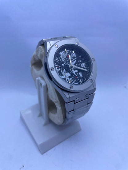 Hublot Style Automatic Skeleton Men's Watch – Silver Stainless Steel Strap | Luxury Self-Winding Mechanical Wrist Watch
