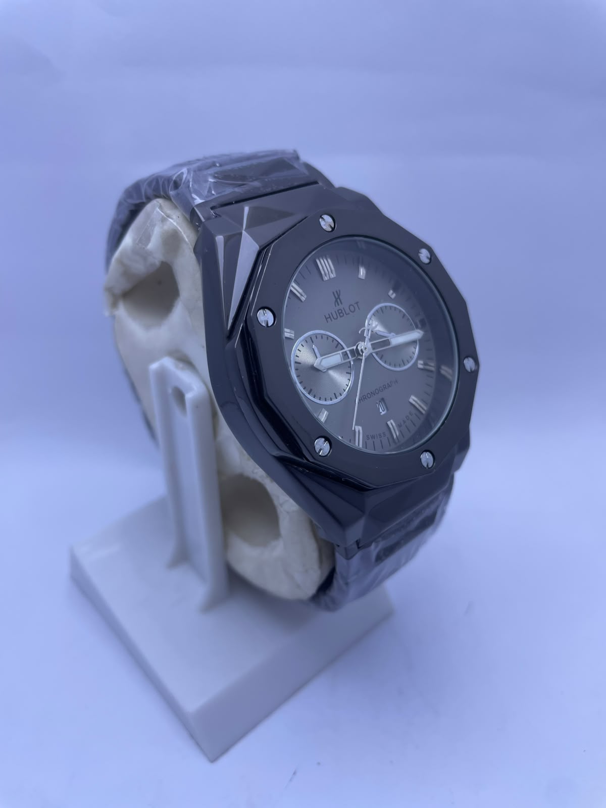 Hublot Style Chronograph Men's Watch – White Dial, Silver Stainless Steel Strap | Luxury Analog Wrist Watch with Luminous Night Vision
