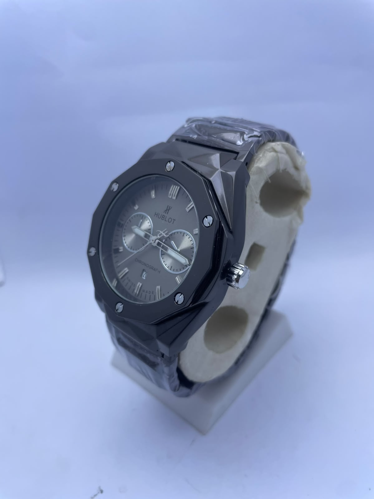 Hublot Style Chronograph Men's Watch – White Dial, Silver Stainless Steel Strap | Luxury Analog Wrist Watch with Luminous Night Vision